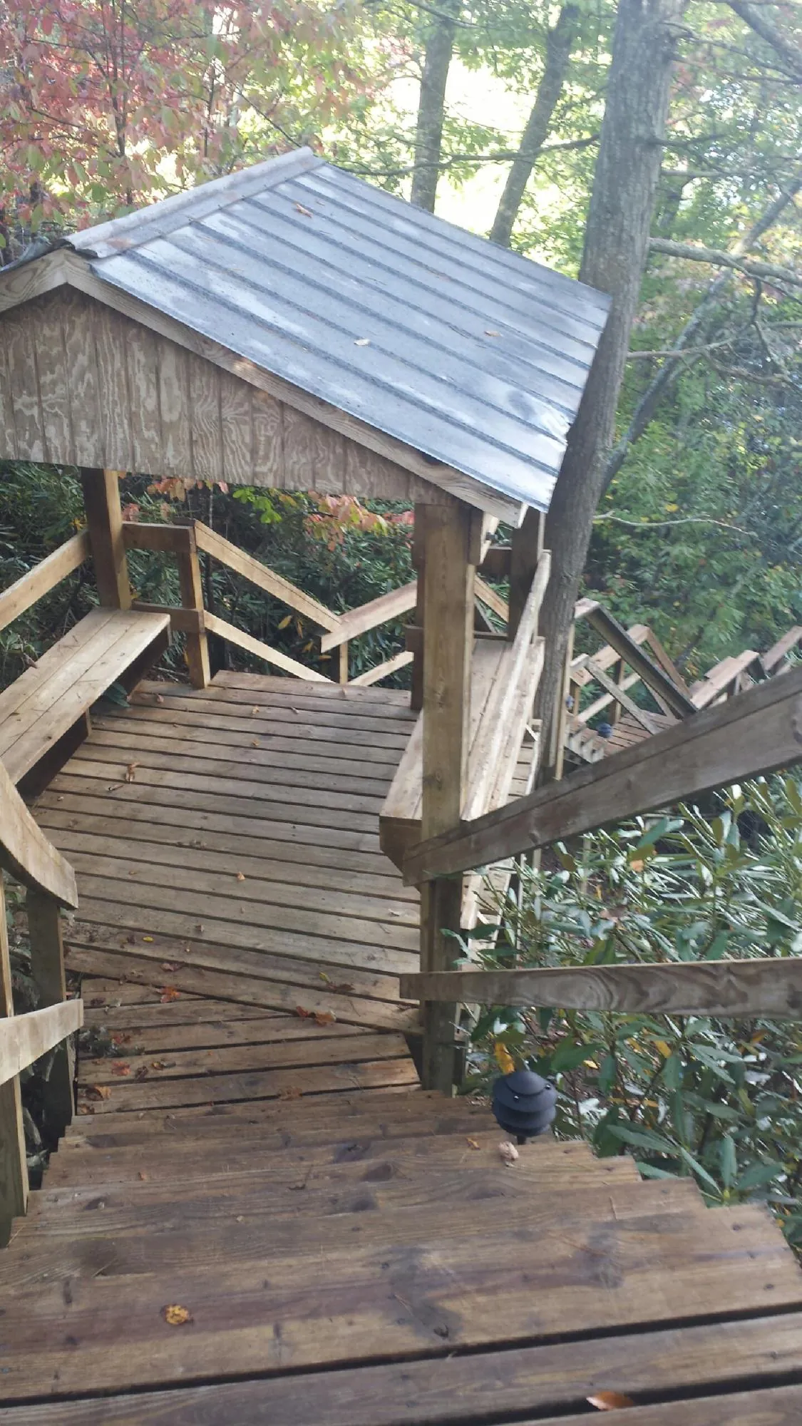 Metal roofed shelter over wooden steps on a wooded walkway — Skylight Repair & Installation work by our crew in Newdale